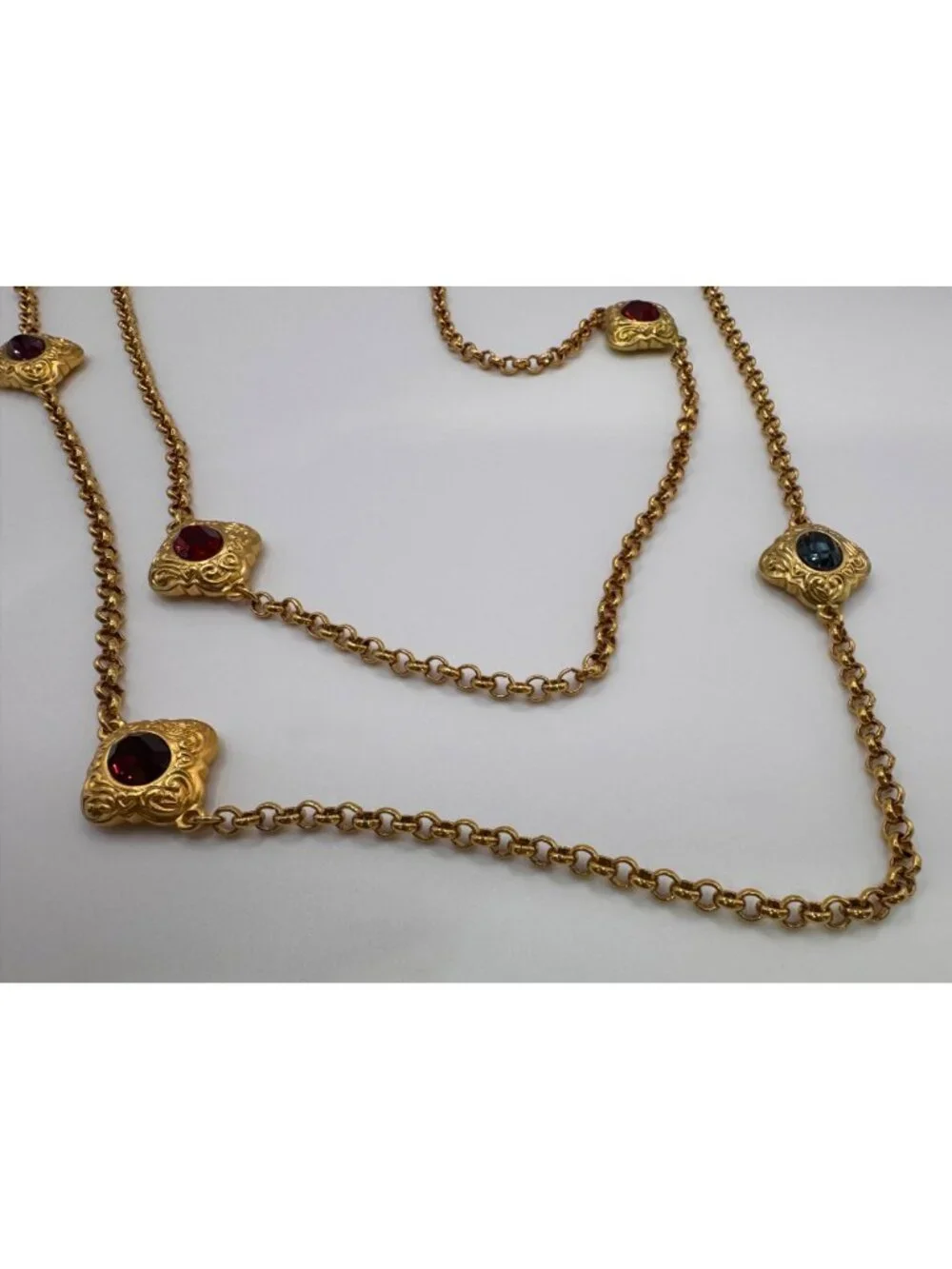 Gold Tone Station Renaissance Revival Necklaces Glass Faceted Set 2pc Statement - Picture 7 of 9